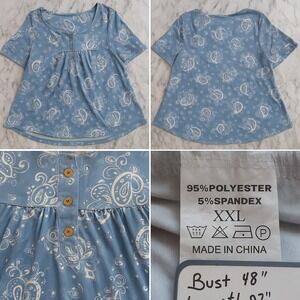 Shirt Top Women Blue Paisley & Hearts XXL Peasant Classic Casual Stretchy Casual